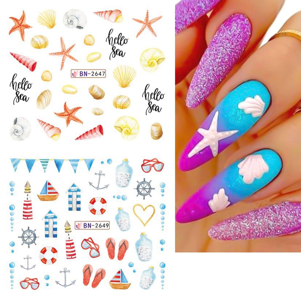 Summer Nail Art Stickers 12 Sheets Seashell Starfish Water Transfer Foils Decals Jellyfish Shells Sea Turtles Seahorses Design Acrylic Ocean Theme Supplies for Women DIY Decor-Velvo Beauty