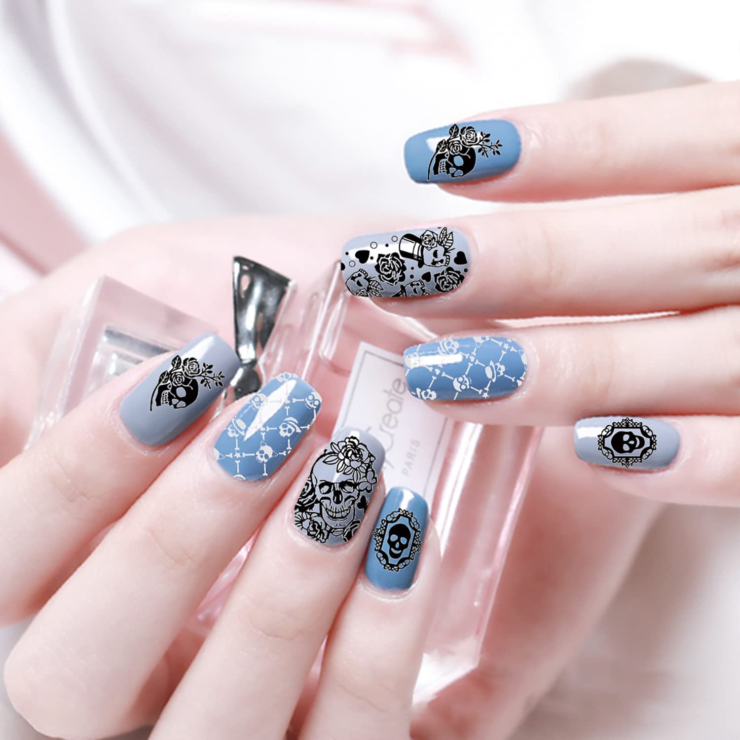 6 Pcs Halloween Nail Stamping Plate Skull Bat Witch Spider Web Halloween Nail Stamper Kit Pumpkin Grimace Blood Design Nail Template Decoration-Velvo Beauty