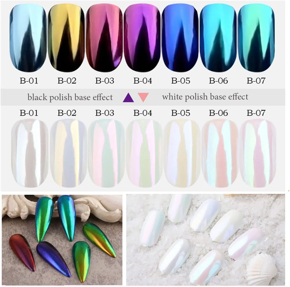 7 Colors Chrome Nail Powder Aurora Metallic Holographic Mirror Effect Dip Nail Powder Kit, White Pearl Iridescent Shell Powder Glitter Nail Art Pigment Manicure for Nails-Velvo Beauty