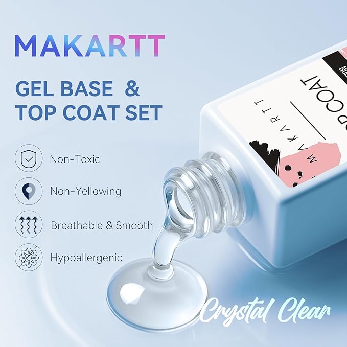 Makartt 2 Pcs Gel Top Coat and Base Coat Set - No Wipe Shine Finish Soak Off Base Top Coat Long Lasting for Gel Nail Polish, LED UV Lamp Need, Salon Quality Nail Manicure Gifts, 10ML-Velvo Beauty