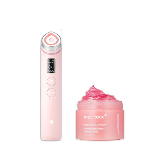 medicube Pink Skincare Set for Glass Glow Skin: Age-R Booster Pro Pink | 6-in-1 Real Glass Glow Beauty Massager and Collagen Jelly Cream- Niacinamide & Freeze-Dried Hydrolyzed Collagen 110ml-Velvo Beauty