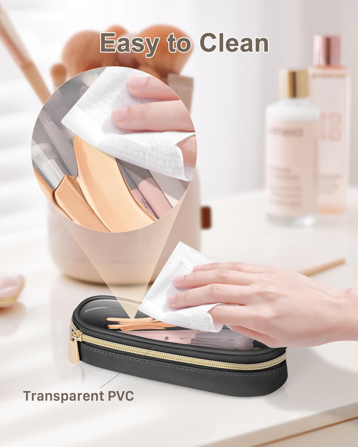 Clear Travel Makeup Brush Holder, Leather Makeup Brush Toiletry Bag, Portable Cosmetic Brush Case, Transparent Waterproof Makeup Brush Storage Bag, Black, Large-Velvo Beauty