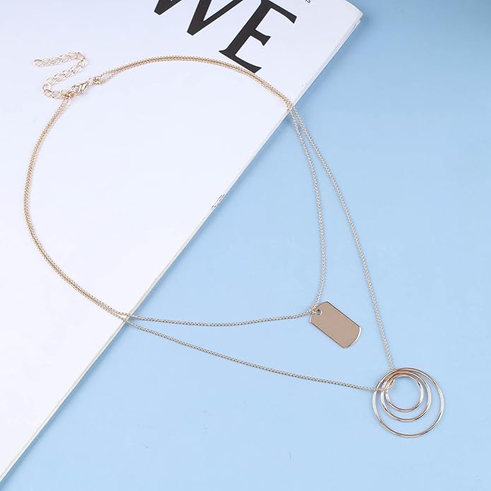 Vintage Layered Square Pendant Necklace Multi Circle Necklace Gold Square Choker Necklace Layer Circle Necklace Jewelry for Women-Velvo Beauty