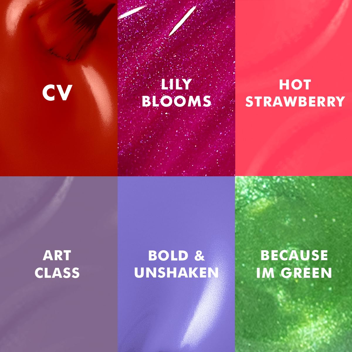 Olive & June Bolds Long Lasting Nail Polish Set | Includes 6 Shades (Bold & Unshaken, Art Class, Because I'm Green, Lily Blooms, CV, Hot Strawberry) + Top Coat | Vegan, Cruelty-Free | Salon-Quality-Velvo Beauty