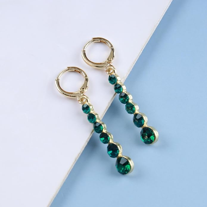 Vintage Crystal Emerald Drop Earrings Emerald Bar Dangle Earrings Green Long Tassel Chain Earrings Gold Hoop Huggie Earrings Jewelry for Women-Velvo Beauty