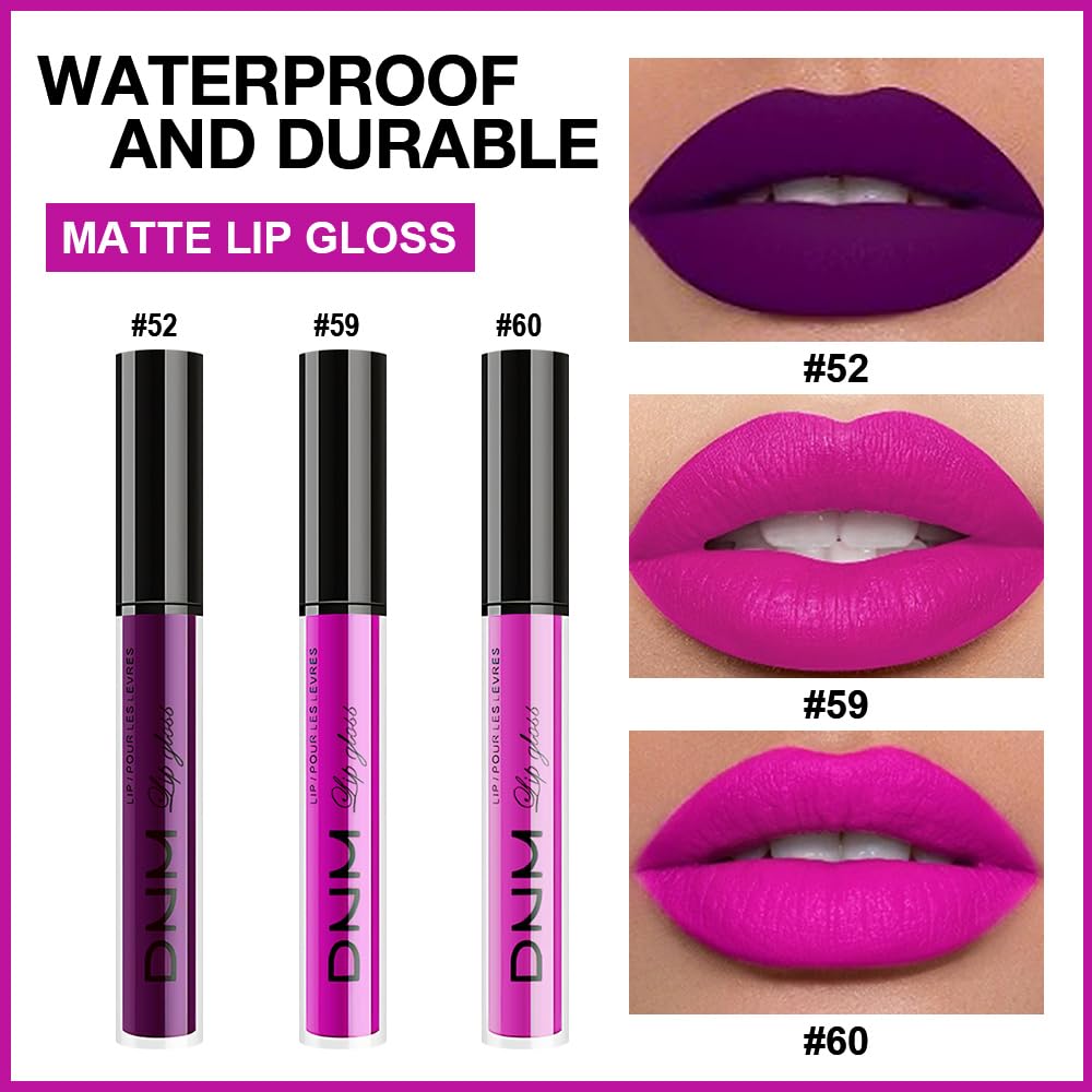 evpct 3Pcs Purple Hot Pink Fuchsia Red Matte Liquid Lipstick Lip Stain Sets for Women, Matte Lipstick Long Lasting Waterproof Permanent 24 Hours original, Lip Sticks Pack for Halloween Daily Makeup-Velvo Beauty