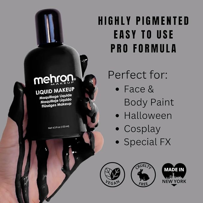 Mehron Makeup Liquid Makeup | Face Paint and Body Paint Perfect for Halloween, Cosplay I Air Brush Compatible 4.5 oz (133 ml) (Black)-Velvo Beauty