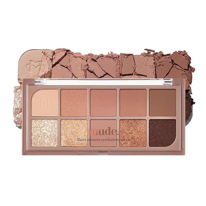 mude Shawl Moment Eyeshadow Palette Matte Shimmering Glitter Layering 10 Shades Highly Pigmented Blendable Color with Soft Texture Korean Makeup Eye Palette K-beauty-Velvo Beauty