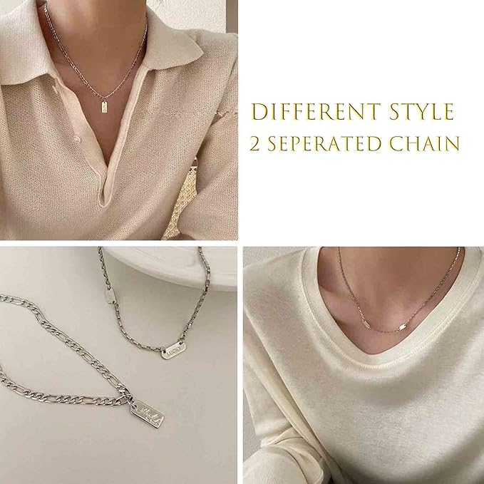 Boho Layered Silver Bar Necklace Choker Figaro Chain Necklace Vintage Layering Link Chain Necklace Geometric Necklace Jewelry for Women and Girls-Velvo Beauty
