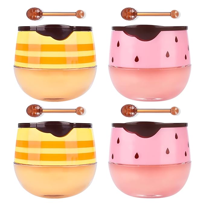 4Pcs Honey Strawberry Lip Balm Honey Pot, Strawberry Lip Sleeping Mask, Overnight Lip Sleeping Mask, Honey Balm Lip Balm Pot, Honey Lip Mask Nourish Lip Scrubs Exfoliator Honey/Strawberry-Velvo Beauty