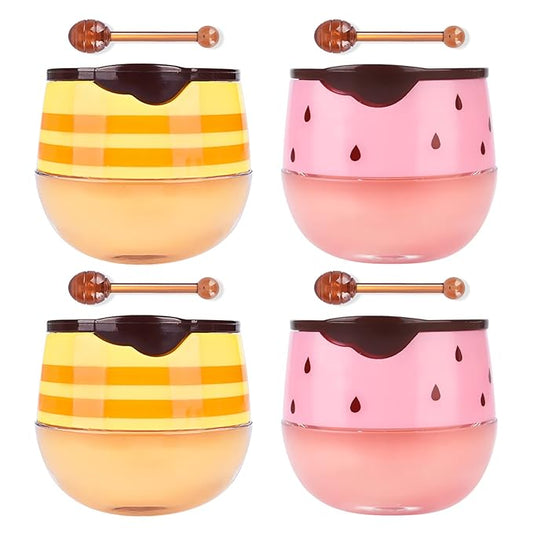 4Pcs Honey Strawberry Lip Balm Honey Pot, Strawberry Lip Sleeping Mask, Overnight Lip Sleeping Mask, Honey Balm Lip Balm Pot, Honey Lip Mask Nourish Lip Scrubs Exfoliator Honey/Strawberry-Velvo Beauty