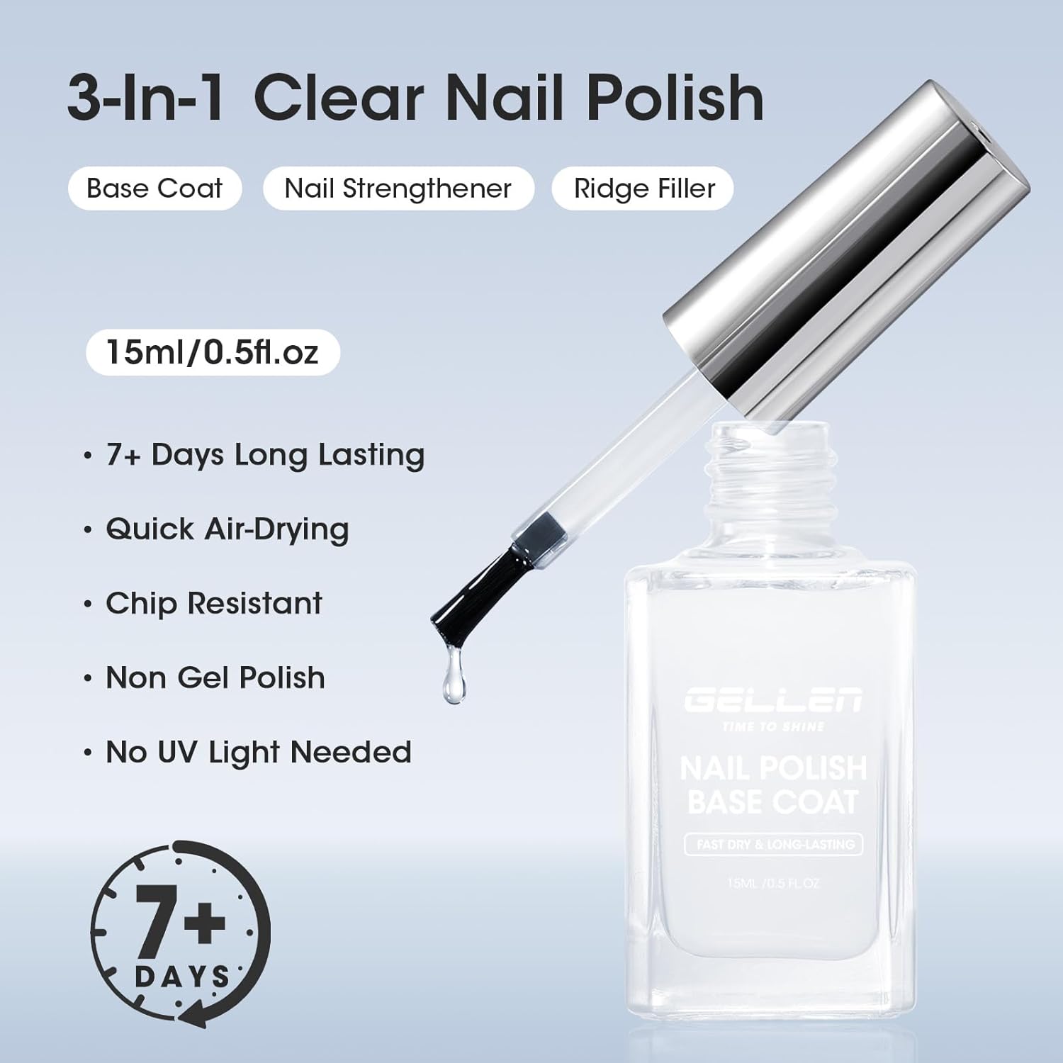 GELLEN Clear Nail Polish Base Coat, Calcium-Formula Nail Base Coat Strengthener Strengthens Nails, Anti-yellowing, Quick Air Dry, No UV Gel, Hema Free, Non-toxic, No Chip, Long Lasting, Protect Nails-Velvo Beauty
