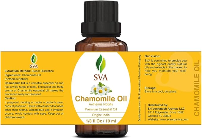 SVA Chamomile Essential Oil – 1/3 Fl Oz – 100% Natural Chamomile Oil - for Diffuser, Hair Care, Face, Skin Care, Aromatherapy, Scalp and Body Massage, Soap and Candle Making-Velvo Beauty