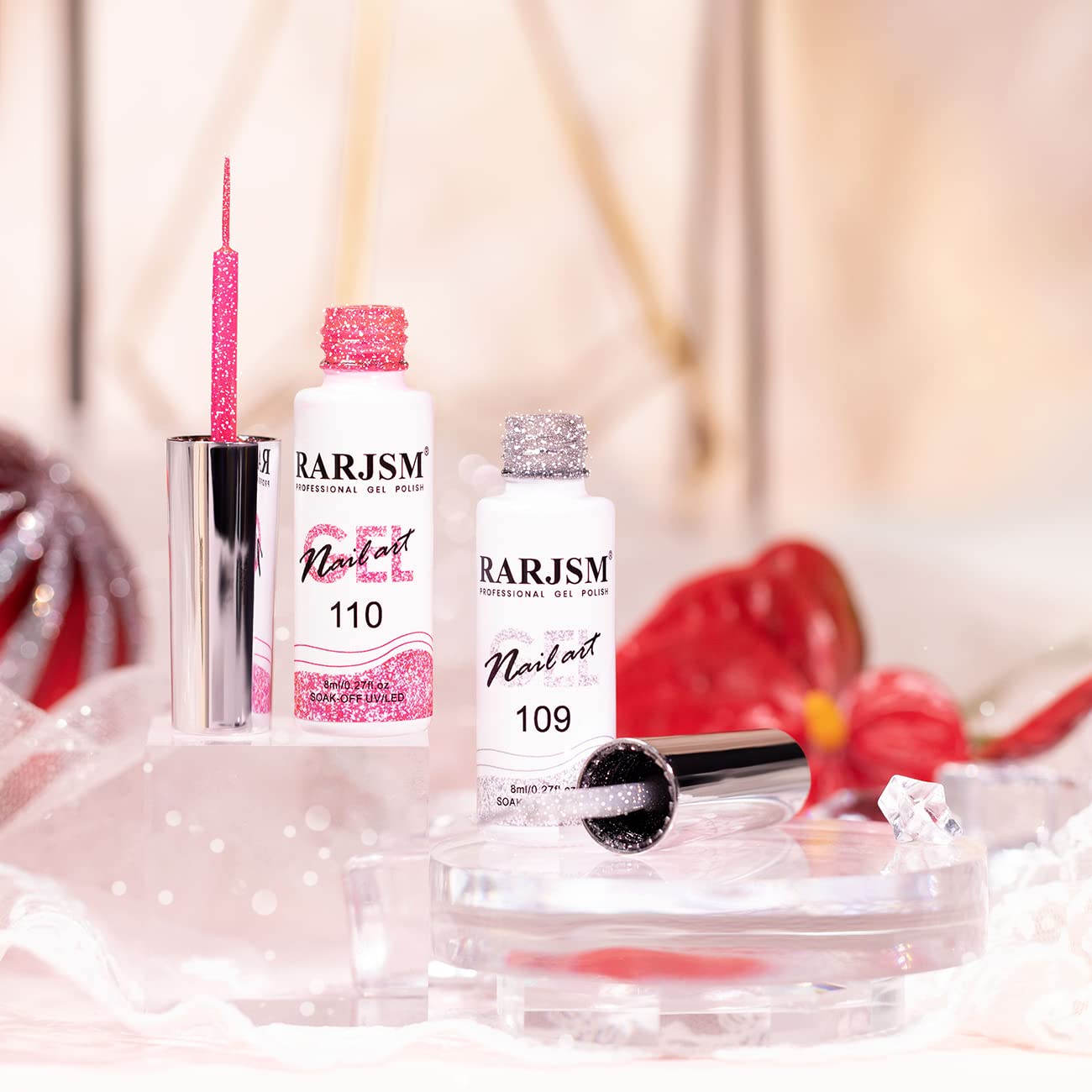 RARJSM Gel Liner Nail Art Reflective Glitter Gel Nail Polish Thin Brush Silver Neon Hot Pink Flash Diamond PaintedGel 2PCS Set Soak off Curing Requires 8ml for Home Salon Diy Nail Design Decoration-Velvo Beauty