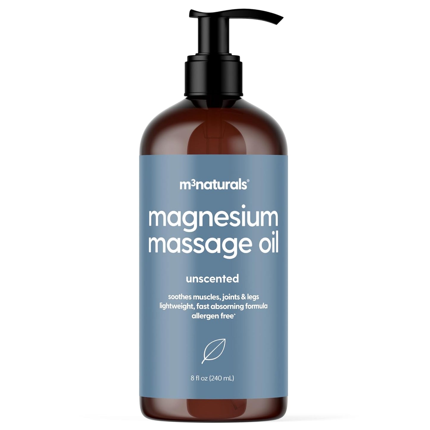 Unscented Magnesium Massage Oil for Sore Muscles, Feet, Joints and Leg Cramps, Helps with Sleeping and Post-Workout Recovery, Fragrance Free Formula for Sensitive Skin, 8 fl oz by M3 Naturals-Velvo Beauty