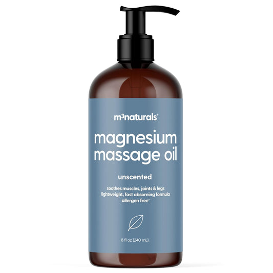 Unscented Magnesium Massage Oil for Sore Muscles, Feet, Joints and Leg Cramps, Helps with Sleeping and Post-Workout Recovery, Fragrance Free Formula for Sensitive Skin, 8 fl oz by M3 Naturals-Velvo Beauty