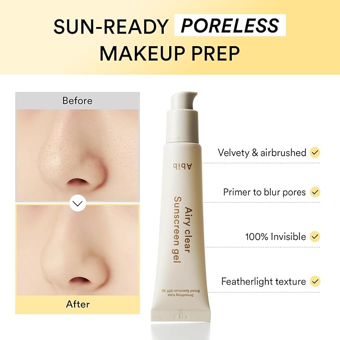 Abib Airy Clear Sunscreen Gel SPF30 1.01 fl.oz / 30 g (Semi- matte) | Korean Suncreen, Suncare, Sunblock, No White cast, Reef Safe, Primer poreless-Velvo Beauty