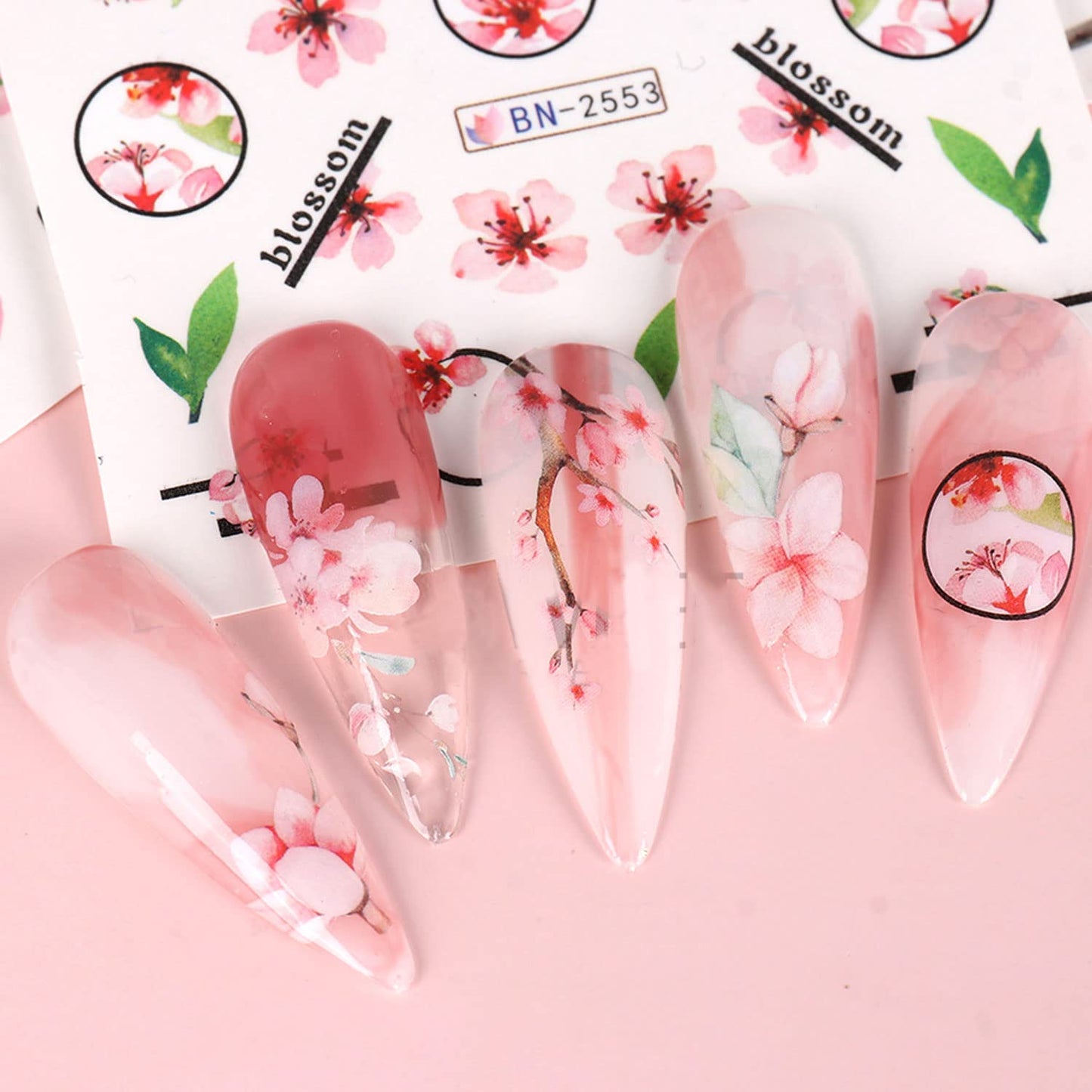 Sakura Water Transfer Nail Stickers - Cherry Blossom & Leaf Designs for Women & Girls - Pink Flower Nail Art Decoration Supplies-Velvo Beauty