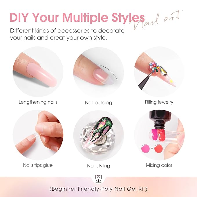 ROSALIND Poly Nail Gel Kit -14 Colors +72 Nail Art Accessories kit Nude Pink Poly Nails Gel Kit Starter Kit with Mini UV Lamp Slip Solution Basic Poly Nail Art Tools for Beginners with Everything-Velvo Beauty