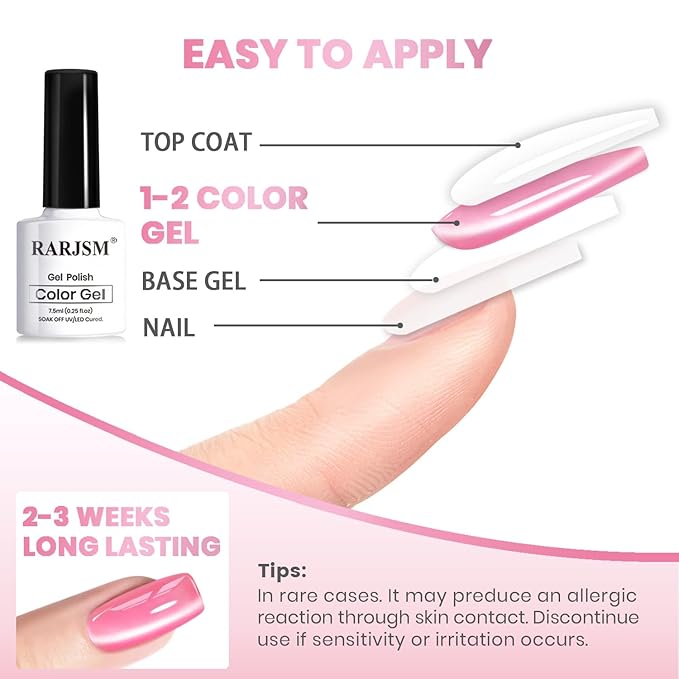 RARJSM Nude Jelly Glass Cat Eye Gel Nail Polish Set 6Pcs Champagne Gold Rose Blush Metal Pink Red Smoothie Ceramics Cateye Silver Glitter Gelpolish with Magnetic Stick UV LED Curing Require Home Salon-Velvo Beauty