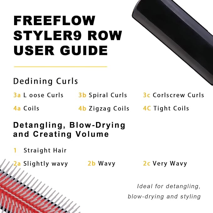 Classic Styling Hair Brush for Wet or Dry Curly Hair. 9 Row Black Brush for Detangling, Separating, Shaping-Velvo Beauty