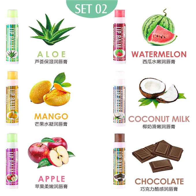 evpct 6Pcs Classic Fruit Flavour Flavored Lip Balm Set for Lip Care Chafed Chapped Cracked Lips,Natural Vitamin E Honey Aloe Vera Watermelon Mango Coconut Milk Apple Chocolate Moisturizing Lip Balm 2-Velvo Beauty