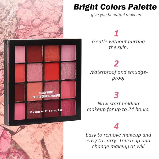 16 Girds Colorful Matte Shimmer Eyeshadow Palette for Eye Makeup,High Pigmented Eye Shadow Primers Powder Palet de sombras de ojos-Pink Red#-Velvo Beauty