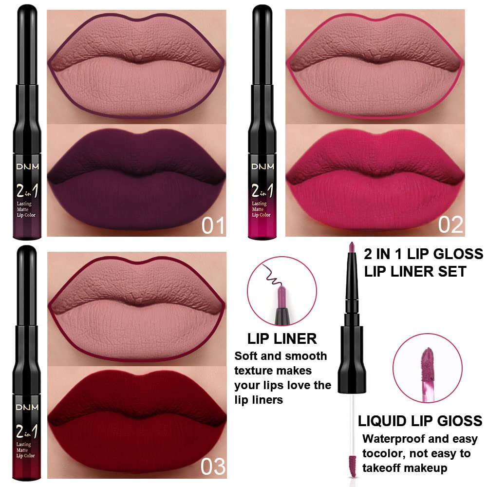 evpct 3Pcs Dark Plum Purple Rose Dark red Matte Lip Liner Pencil and Liquid Lipstick Sets for Women Long Lasting Waterproof, 24 Hour Lipstick Lip Stick/Gloss Set labiales mate 24 horas originales, 01-Velvo Beauty