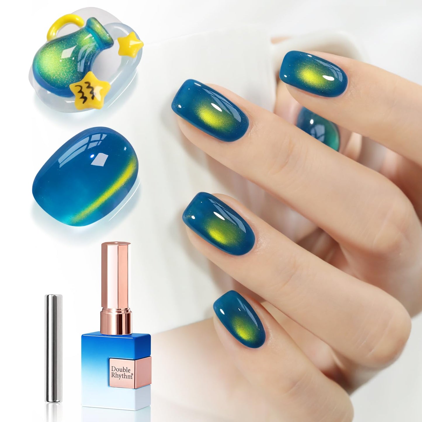 Double Rhythm Jelly Glass Cat Eye Gel Polish with Magnet 15ML Holographic Glitter Shimmer Translucent Sheer Color Magnetic Nail Polish Salon DIY at Home (Golden Blue-MC1255)-Velvo Beauty