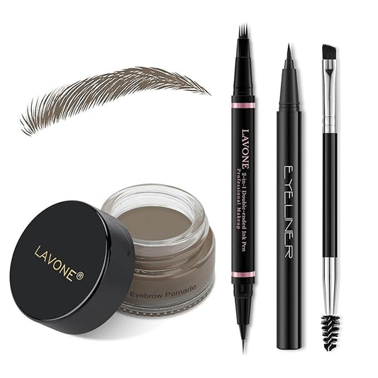 Eyebrow Pencil Makeup Kit, with Waterproof 2-IN-1 Microblading Eyebrow Pen, Eyebrow Pomade, Eyeliner and Dual-ended Eyebrow Brush, Brow Pencil Kit for Natural Eyebrows - Dark Grey-Velvo Beauty