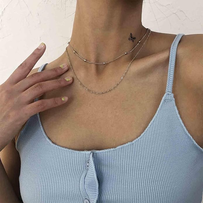 Boho Layered Satellite Choker Necklace Gold Ball Chain Necklace Short Collar Necklace Vintage Double Layer Necklace Jewelry for Women and Girls Gifts-Velvo Beauty
