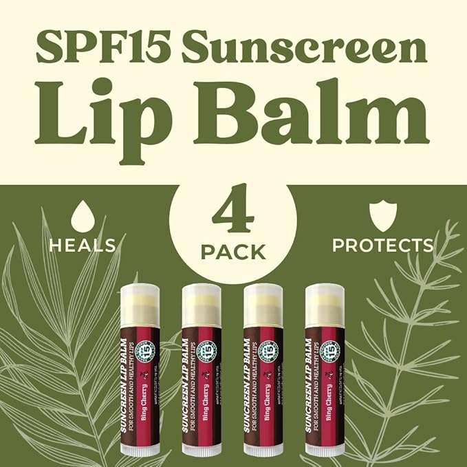 SPF Lip Balm 4-Pack by Earth's Daughter - Lip Sunscreen, SPF 15, Organic Ingredients, Cherry Flavor, Beeswax, Coconut Oil, Vitamin E - Hypoallergenic, Paraben Free, Gluten Free-Velvo Beauty