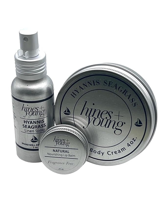 Hines+Young Travel Tins Gift Set - 4 oz Body Cream, 2 oz Linen Spray, Natural Lip Balm - Skin Care and Refreshing Home Fragrance, Ideal Self-Care Gift Set (Pack of 3, Hyannis Seagrass)-Velvo Beauty