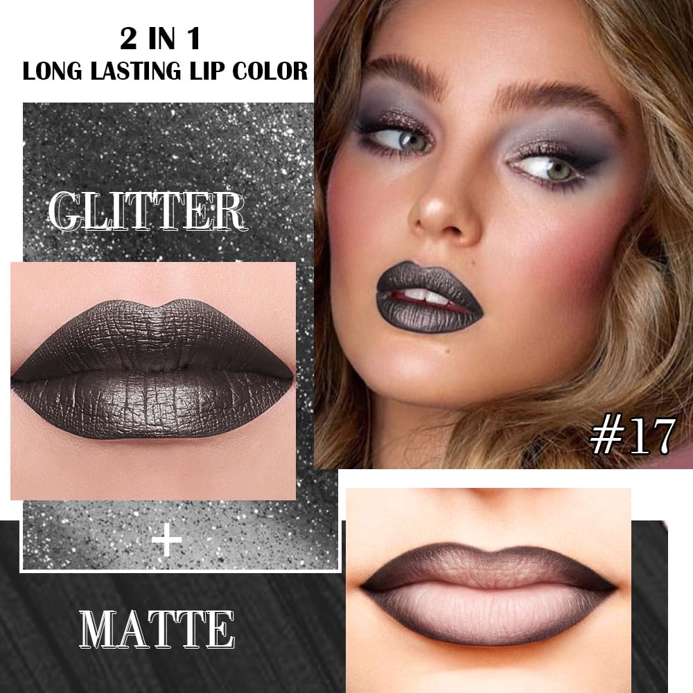 Kaely 2-in-1 Black Coal Metallic Lipstick and Lip Liner, Shimmer Liquid Metallic Lipsticks for Women, Glitter Lip Gloss Stain Long Lasting Waterproof Smudge Proof 24 Hour, Vegan Makeup, 17-Velvo Beauty