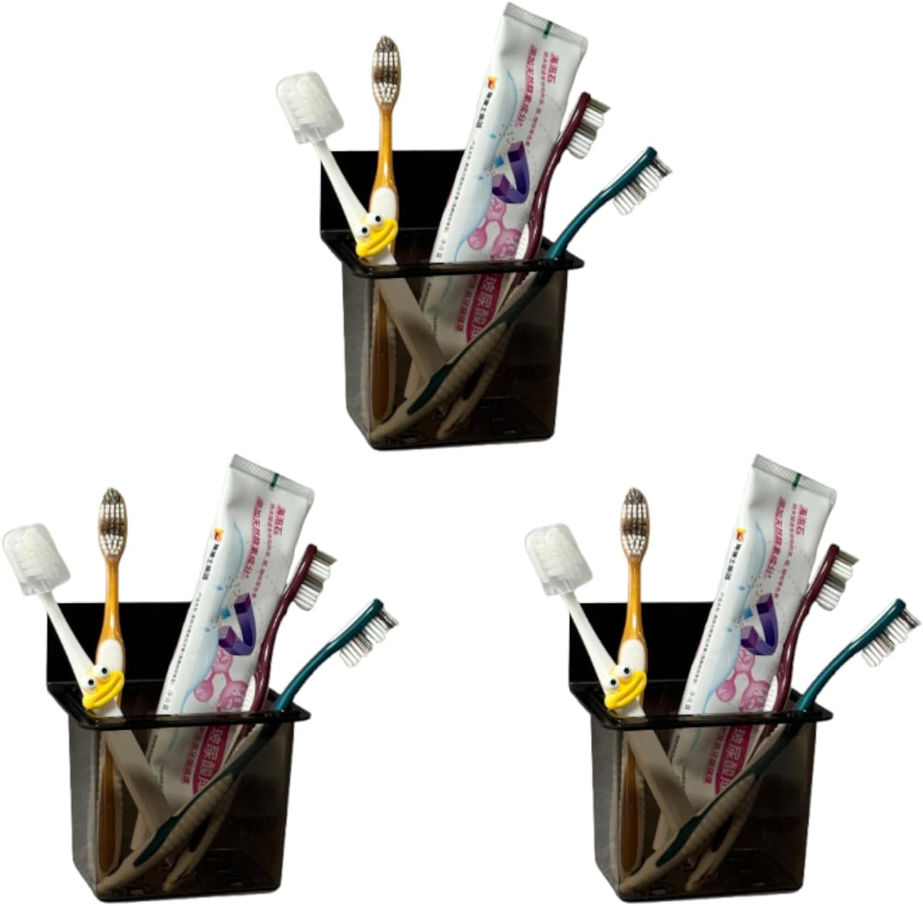 3 Pack Modern Black Metal Clear Plastic Toothbrush Holders,Toothpaste Holder Set - Kids & Adults with Wall-Mounted Metal Bathroom Organizer Set for Bathroom-Velvo Beauty