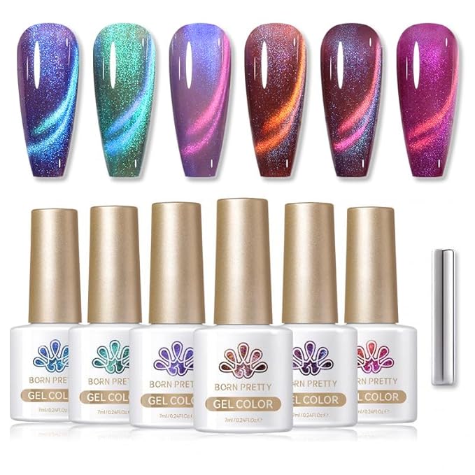 Born Pretty Magnetic Gel Nail Polish Set,Purple Blue Cat Magnetic Eye Gel Jelly Glass Crystal Magnetic Gel Polish Nail Art Manicure Kit 6PCS-Velvo Beauty