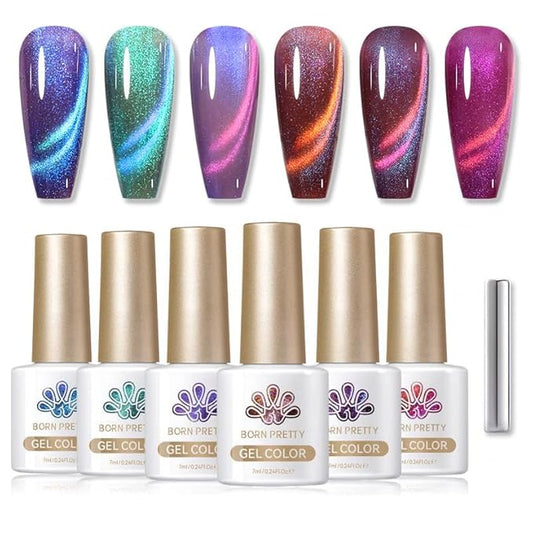 Born Pretty Magnetic Gel Nail Polish Set,Purple Blue Cat Magnetic Eye Gel Jelly Glass Crystal Magnetic Gel Polish Nail Art Manicure Kit 6PCS-Velvo Beauty