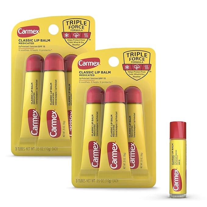 Carmex Classic Medicated Lip Balm Pack, Lip Moisturizer for Chapped Lips, 7 Count (6 Tubes and 1 Stick)-Velvo Beauty