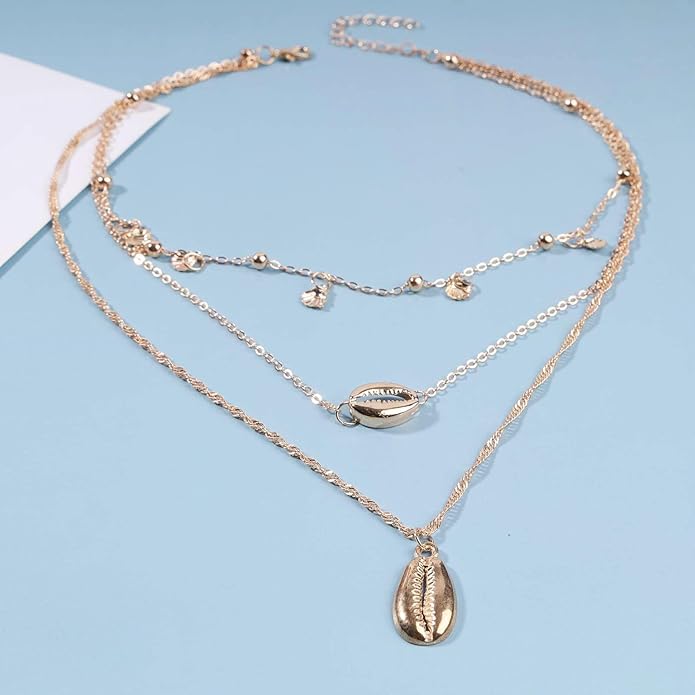 Boho Coin Disc Necklace Choker Gold Layered Shell Pendant Necklace Vintage Seashell Necklace Retro Singapore Chain Necklace Jewelry for Women Gifts-Velvo Beauty