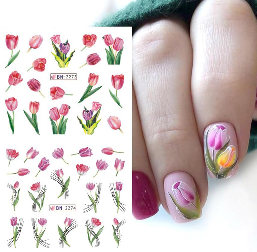 Flowers Nail Art Stickers Decals Tulip Floral Leaf Watercolor Nail Art Decals Transfer Foils for Nails Supply Butterfly Flowers Designs Nail Tattoo Sliders for Women DIY Manicure Nail Decoration 12PCS-Velvo Beauty