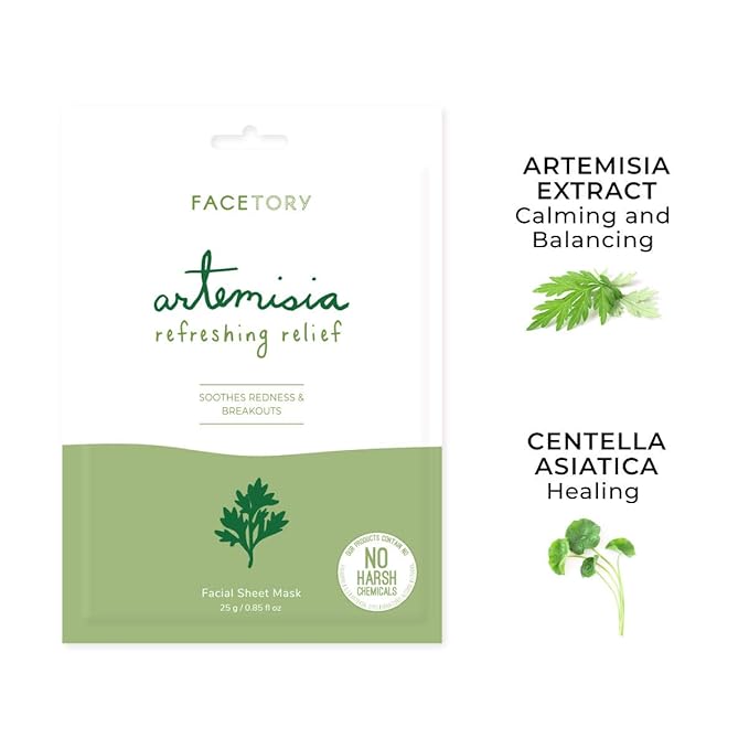 FACETORY K Beauty Face Mask Skin Care - ARTEMISIA REFRESHING RELIEF Sheet Mask with Artemesia Plant Extract | Soothes Redness & Breakouts (5 Pack)-Velvo Beauty