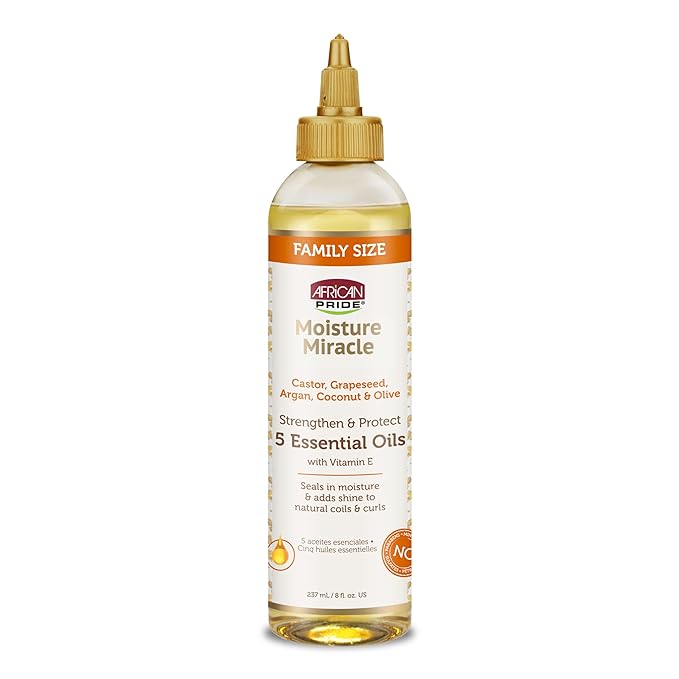 African Pride Moisture Miracle 5 Essential Hair Oils with Vitamin E | Moisture, Shine, Protection, and Growth | Argan, Castor, Grapeseed, Coconut, and Olive Oil | 8 oz-Velvo Beauty