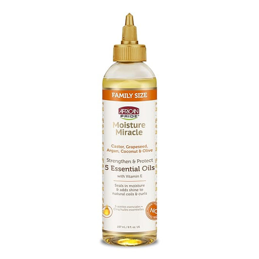 African Pride Moisture Miracle 5 Essential Hair Oils with Vitamin E | Moisture, Shine, Protection, and Growth | Argan, Castor, Grapeseed, Coconut, and Olive Oil | 8 oz-Velvo Beauty