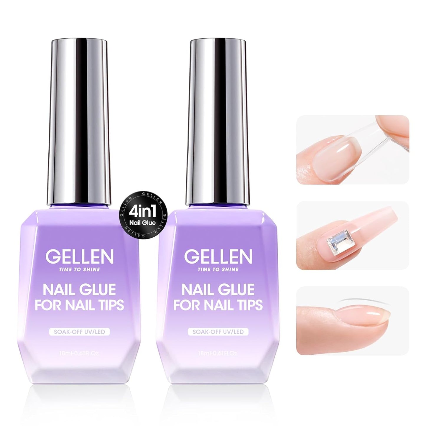 Gellen 2 Pcs Gel Nail Glue for Nail Tips, 4 in 1 UV Extension Glue for Acrylic Tips & Clear Press on Nails & False Nails, Base Gel, Rhinestone, U V Led Lamp Needed-Velvo Beauty