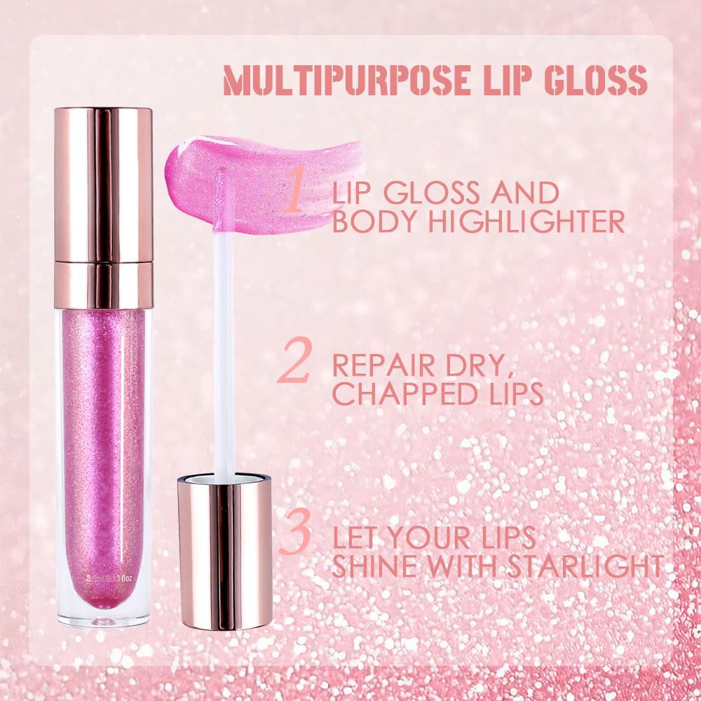evpct 1Pcs Pink Pearlescent Chameleon Shimmer Glitter Lipstick Lip Gloss, Long Lasting Waterproof Glitter Metallic Sparkly Glossy Lip Gloss Tint Liquid Lipsticks Set Lip Stain Makeup for Women-Velvo Beauty