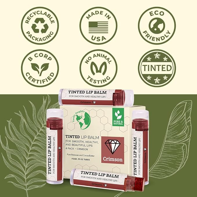 Tinted Lip Balm by Earth’s Daughter – 4 Pack of Crimson Color – Beeswax, Coconut Oil, Cocoa Butter, Vitamin E – Moisturize and Beautify – Paraben Free-Velvo Beauty