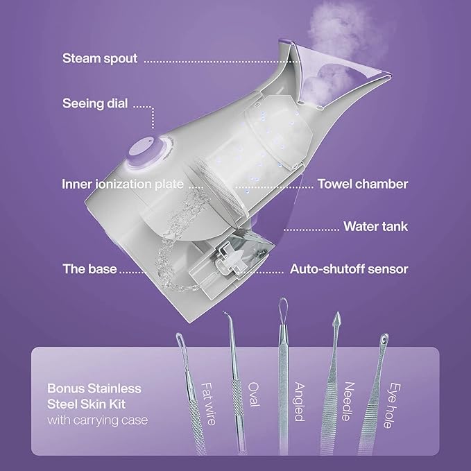 NanoSteamer Large 3-in-1 Nano Ionic Facial Steamer with Precise Temp Control - Humidifier - Unclogs Pores - Blackheads - Spa Quality - Bonus 5 Piece Stainless Steel Skin Kit (Lilac)-Velvo Beauty