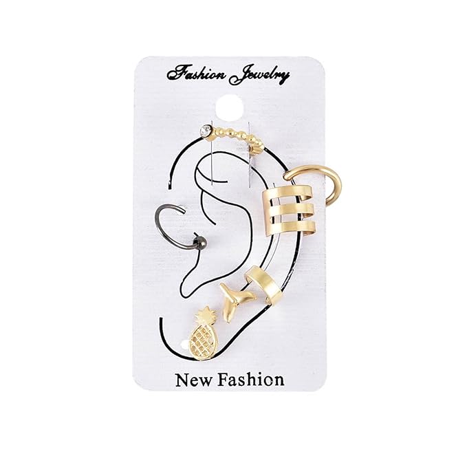 Bohemia Pineapple Mermaid Tail Studs Earrings Gold Wide Cuff Earrings Fake Helix Ear Cuff Earrings Gold Cartilage Clip on Wrap Earrings Non pierced Multiple Earrings Set Set for Women and Girls-Velvo Beauty