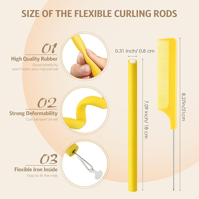 Syhood 30 Pcs 7'' Flexible Curling Rods Twist Foam Hair Rollers Soft Foam No Heat Hair Rods Rollers and 1 Steel Pintail Comb Rat Tail Comb for Women Long Short Hair(Yellow,7 x 0.3 Inch)-Velvo Beauty