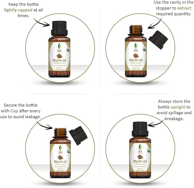SVA Myrrh Essential Oil Organic – 1/3 Fl Oz – 100% Natural Organic Myrrh Oil - for Diffuser, Hair Care, Face, Skin Care, Aromatherapy, Scalp and Body Massage, Soap and Candle Making-Velvo Beauty